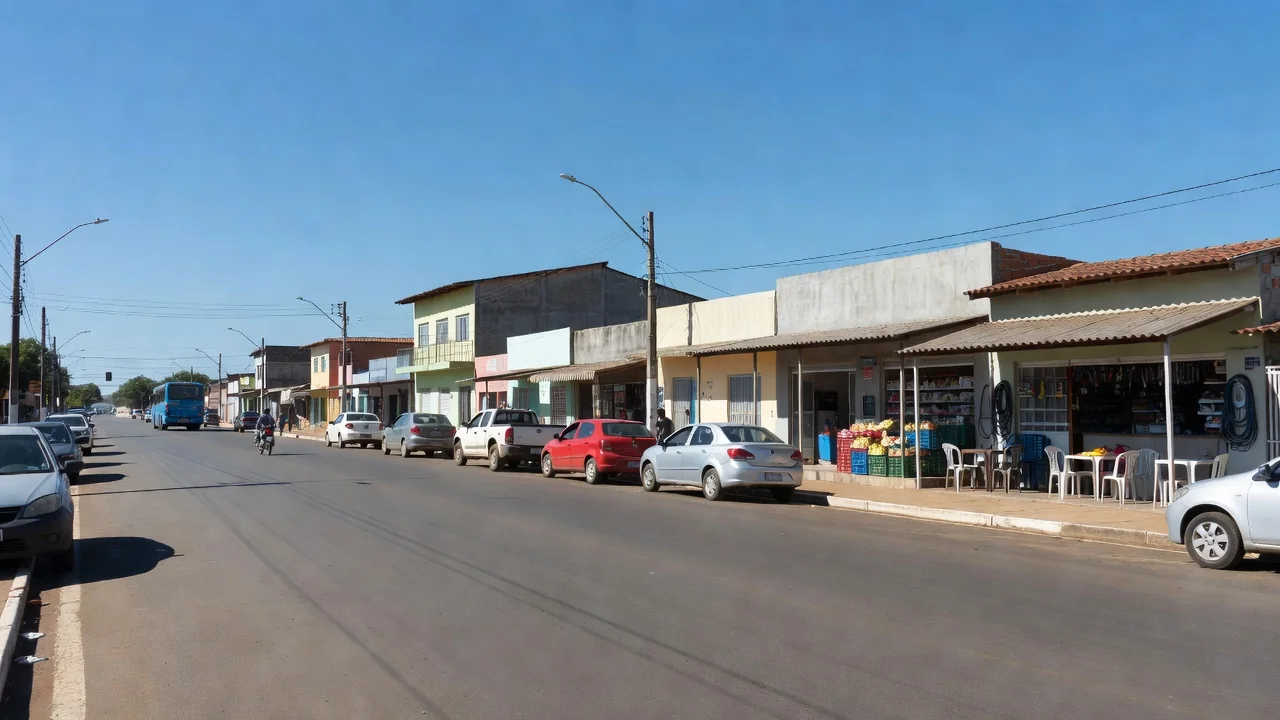Avenida Integração Nacional em Cerejeiras com comércios e veículos