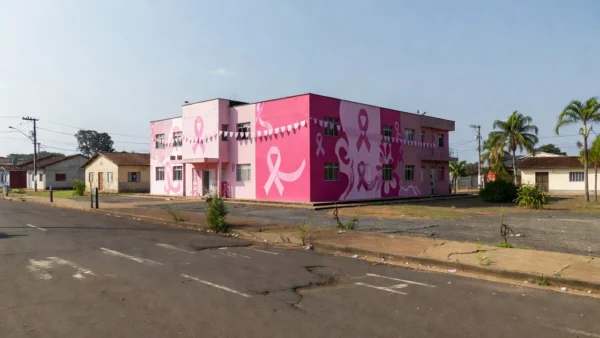 Fachada da Secretaria de Saúde de Vilhena com decoração Outubro Rosa