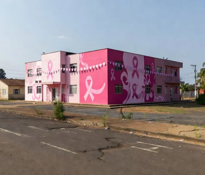 Fachada da Secretaria de Saúde de Vilhena com decoração Outubro Rosa