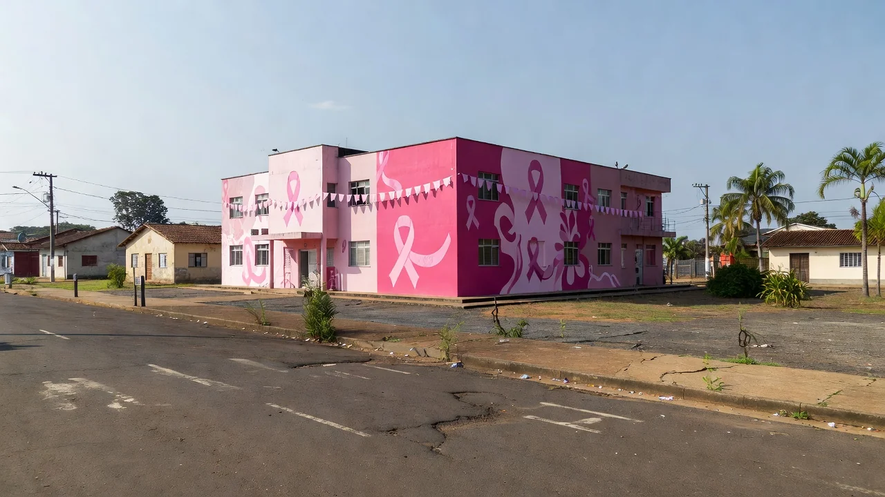 Fachada da Secretaria de Saúde de Vilhena com decoração Outubro Rosa