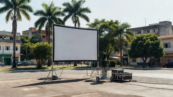 Estrutura para sessões gratuitas de curtas em praça de Vilhena, Rondônia.