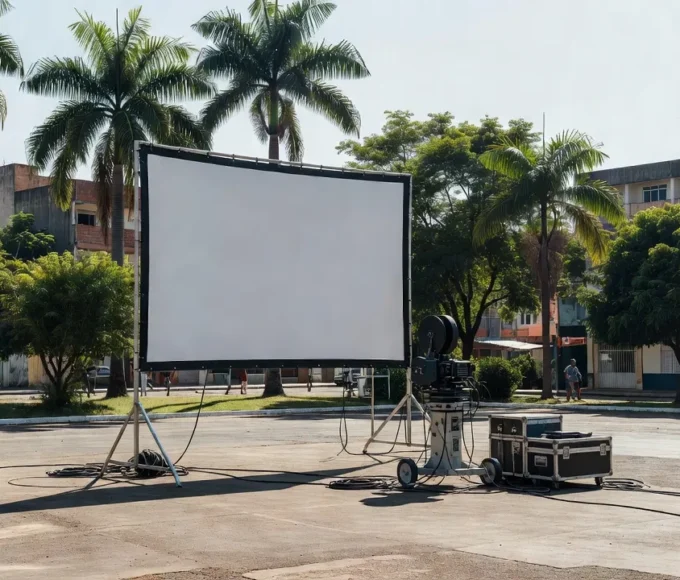 Estrutura para sessões gratuitas de curtas em praça de Vilhena, Rondônia.