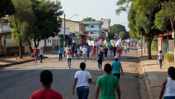 Registro da passeata de conscientização de 2023 em Vilhena, onde participantes vestindo azul destacaram a importância da Língua Brasileira de Sinais (Libras) para a garantia dos direitos da pessoa surda. (Foto: ASSURV)