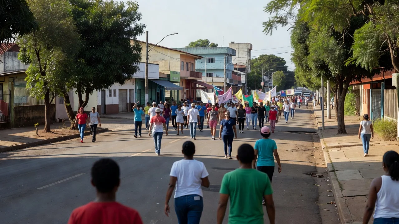 Registro da passeata de conscientização de 2023 em Vilhena, onde participantes vestindo azul destacaram a importância da Língua Brasileira de Sinais (Libras) para a garantia dos direitos da pessoa surda. (Foto: ASSURV)