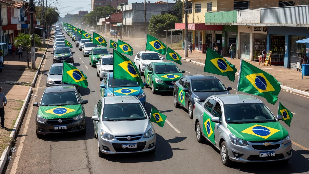Carreata com veículos nas ruas de Vilhena, Rondônia, durante o dia
