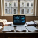 Escritório judicial com documentos e laptop sobre uso de IA em processo no STF