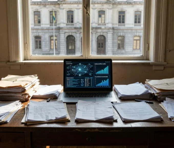 Escritório judicial com documentos e laptop sobre uso de IA em processo no STF