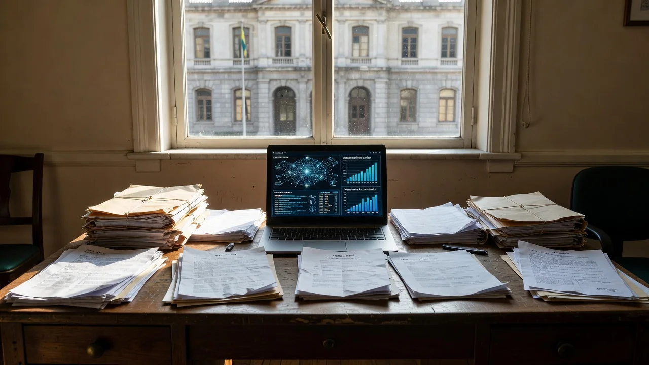 Escritório judicial com documentos e laptop sobre uso de IA em processo no STF