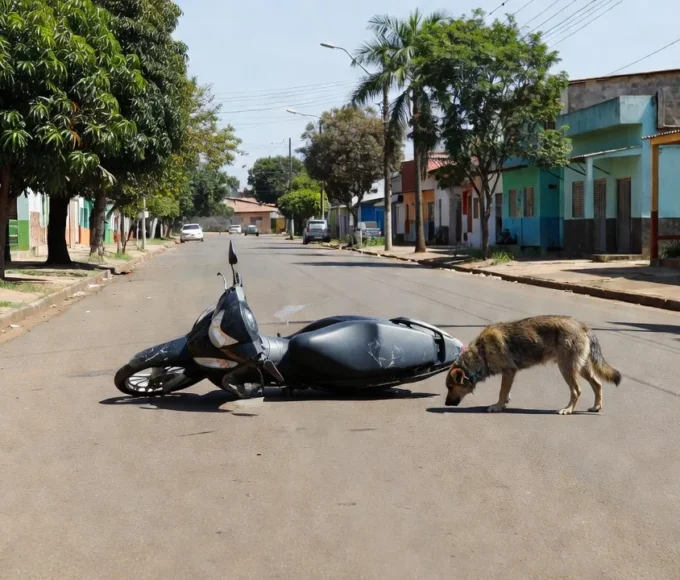 Motoneta caída após colisão com cachorro na Avenida Vitória Régia em Vilhena