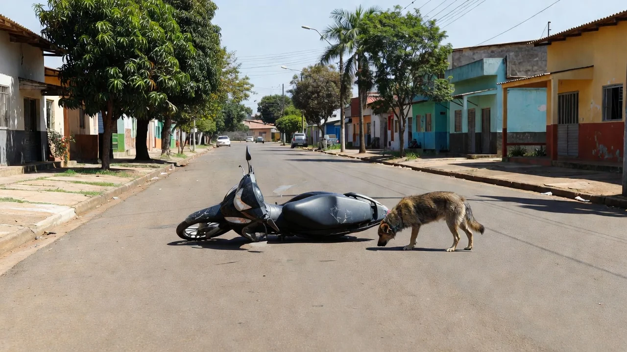 Motoneta caída após colisão com cachorro na Avenida Vitória Régia em Vilhena