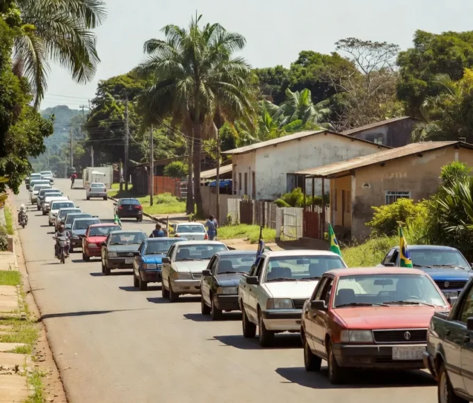 Carreata em Vilhena, Rondônia, com veículos em procissão na avenida principal