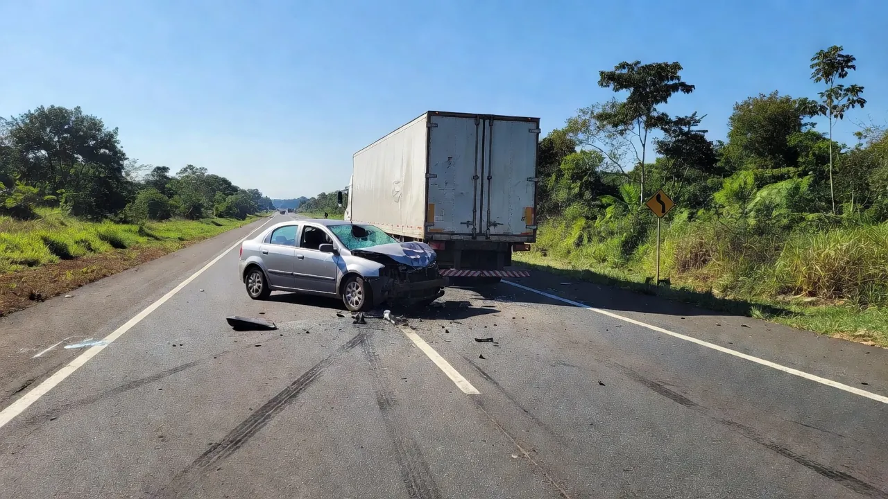 Colisão entre carro e carreta na BR-364 em Vilhena, Rondônia