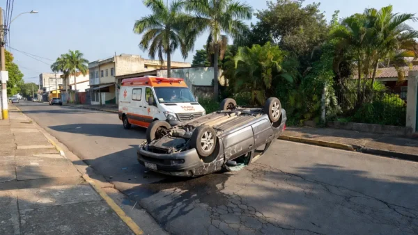 Carro capotado com atendimento do SAMU na zona sul de Porto Velho