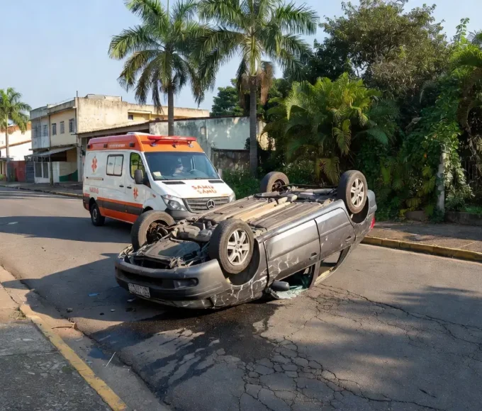 Carro capotado com atendimento do SAMU na zona sul de Porto Velho